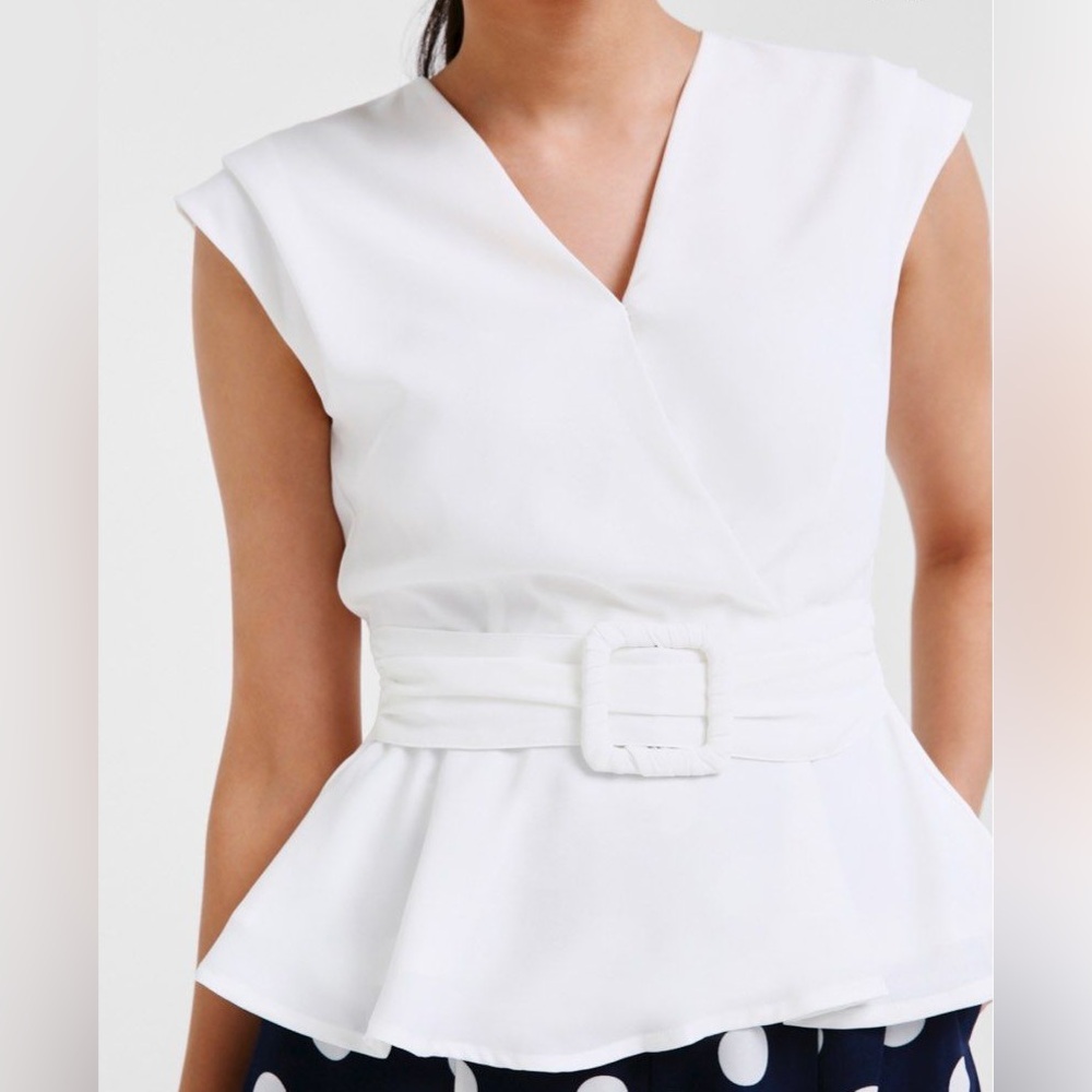 LOVE BONITO Katrielle Belted Peplum Blouse White